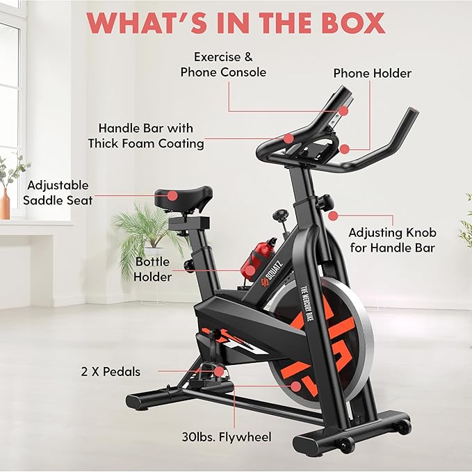 SQUATZ Indoor Exercise Bicycle With Training Console, 4-Way Adjustable Seat and Handlebar, 8 Resistance Levels, Workout Equipment for Home Gym with Comfortable Seat Cushion, Digital LCD Display