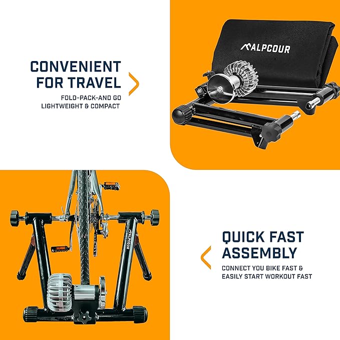 Alpcour Fluid Bike Trainer Stand for Indoor Riding – Portable Foldable Stainless Steel Trainer, Noise Reduction, Progressive Resistance, Dual-Lock System – Road & Mountain Bikes' Stationary Exercise