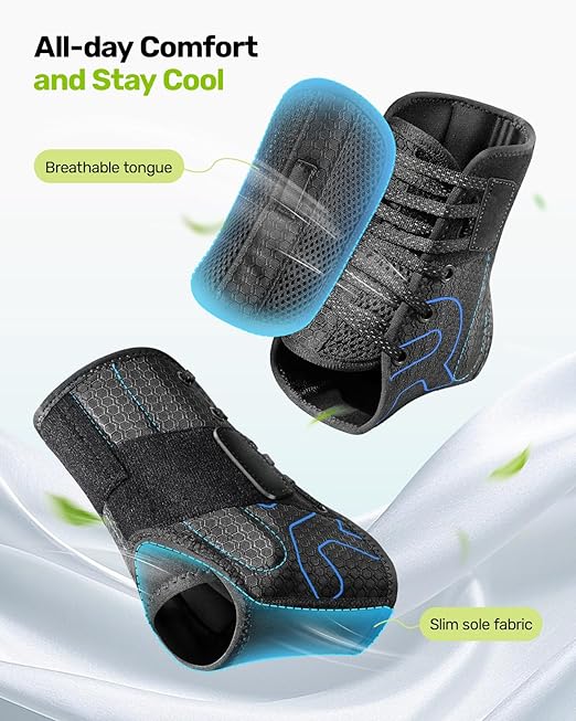 Quick Lace Up Ankle Brace with 2 Metal Support Stays, Breathable Stabilizer for Sprained Ankle, Slim Fit Ankle Support for Men & Women, Sports, Running, Basketball (Black, L)