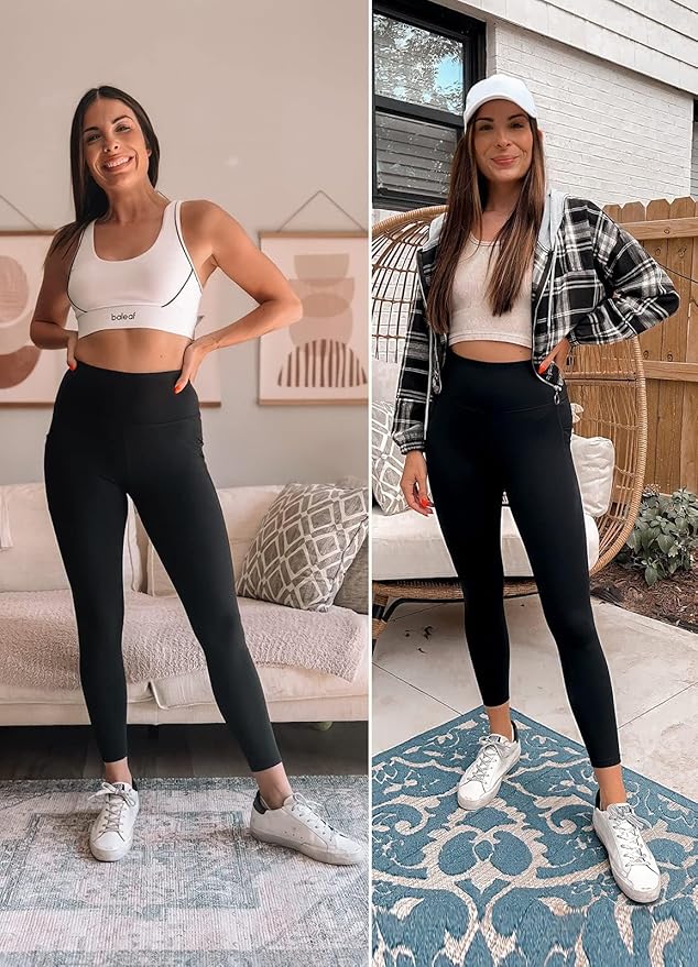BALEAF Women's Leggings with Pockets Black Tummy Control Workout High Waisted Athletic 7/8 Ultra Soft Gym Yoga Ankle Pants