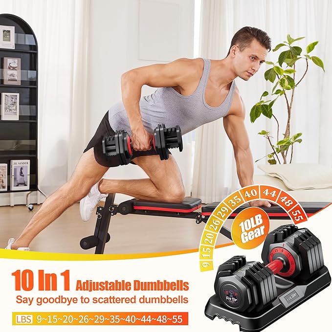 25/55LB Adjustable Dumbbell Set,10 in 1 Free Weights Dumbbell with Anti-Slip Texture Handle,1 Sec Speed Adjustment Men/Women Gym and Home Strength Training Equipment.