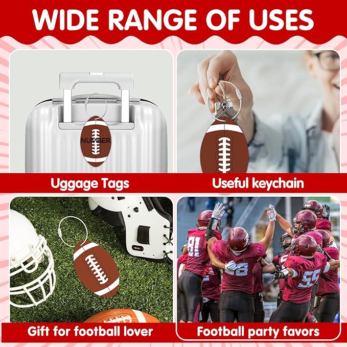12 Pcs Football Luggage Tags for Suitcases Travel Suitcase Labels with Metal Ring 2.75in Football Keychain,Football Accessories PVC Name Id and DIY Pocket Hug Card for Men Women Travel Bag Suitcase