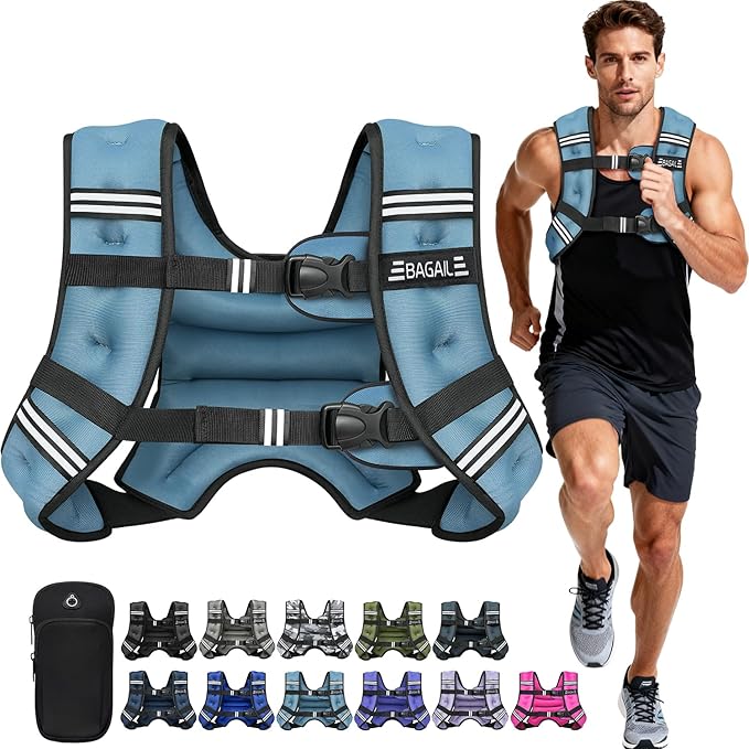 BAGAIL Weighted Vest, 5lb/8lb/10lb/12lb/15lb/20lb/25lb/30lb Weight Vest for Walking & Weight Loss, Reflective Rucking Vest with Phone Pouch for Women & Men, Home Gym & Outdoor Training