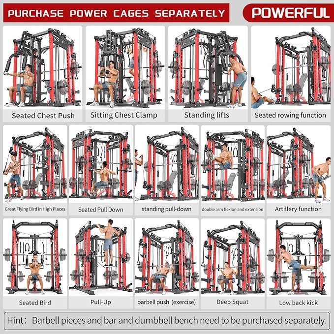 Smith Machine, Multi-Purpose Strength Power Cage with Cable Crossover System and More Training Accessories,Squat Rack Power Rack，Suitable for Home Gyms