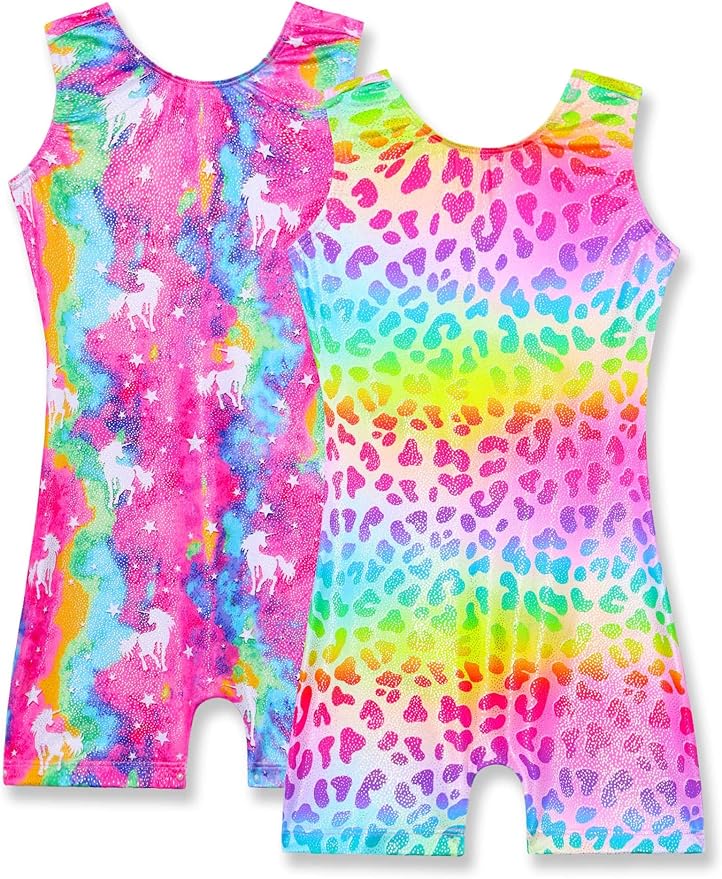 Nymphperi 2 Packs Gymnastics Leotard for Girls Sparkle Biketards with Shorts Kids Sleeveless Unitard One-Piece Dancewear