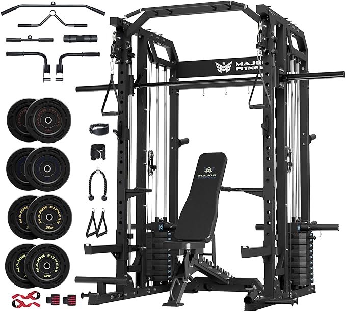Major Fitness Drone2 Advanced Training Smith Machines– All-in-One Home Gym Squat Rack with Aluminum Pulley Set , Weight Bar, Dual LAT Pull-Down Systems & Cable Crossover Machine for Full-Body Workouts