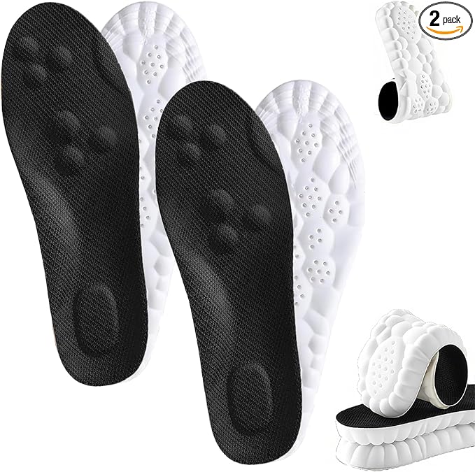 4D Cloud Insoles for Men Women, Memory Foam Boot Insoles, Comfortable and Breathable Massage Cushion Shoe Inserts with Arch Support, Trim to Fit All Shoe Types(2Pair-Black, Men 11-12/Women 13-14)