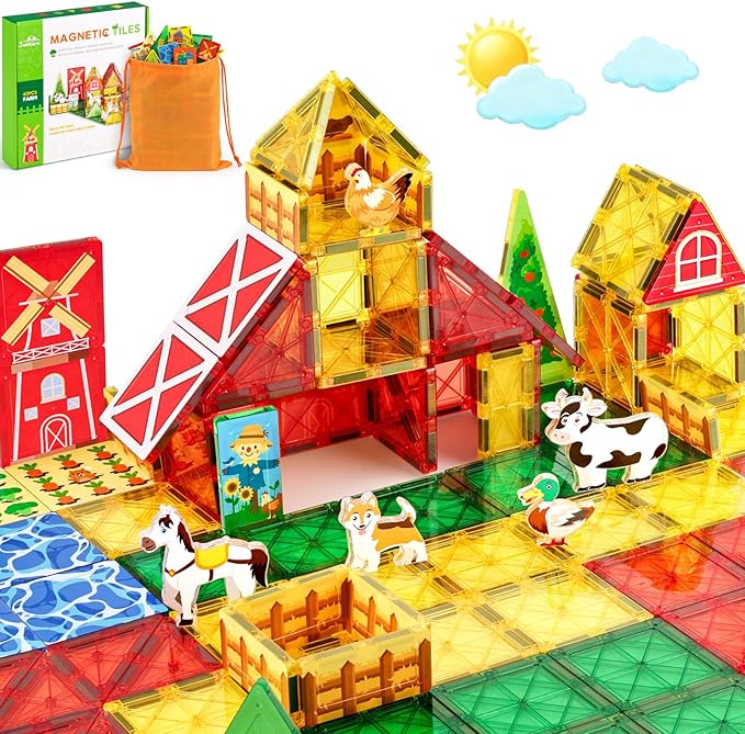 3 otters 42PCS Magnetic Tiles Toys with Farm Animals, Magnetic Building Blocks Educational STEM Toys for Christmas Party Gifts Kids Toddlers Preschool Classroom