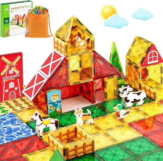 3 otters 42PCS Magnetic Tiles Toys with Farm Animals, Magnetic Building Blocks Educational STEM Toys for Christmas Party Gifts Kids Toddlers Preschool Classroom