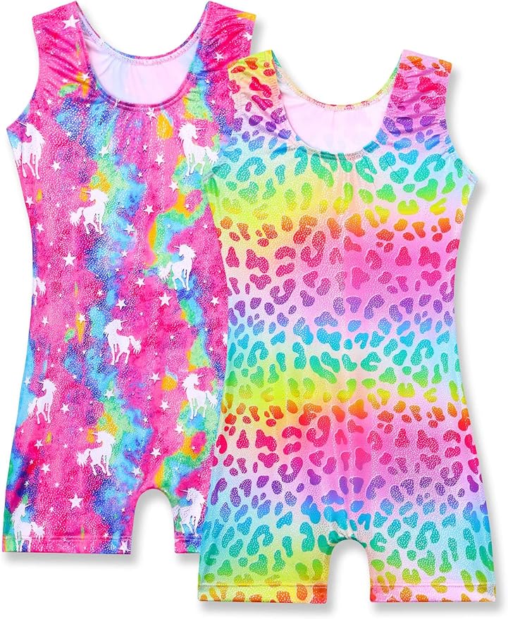 Nymphperi 2 Packs Gymnastics Leotard for Girls Sparkle Biketards with Shorts Kids Sleeveless Unitard One-Piece Dancewear