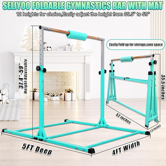 Foldable Gymnastic Bar for Kids Ages 3-20,5FT/6FT Horizontal Bar Base Length,Height Adjustable Kids Training Bar for Gymnastics,Gymnastics Equipment for Home Clubs