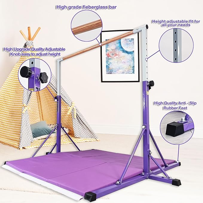 Gymnastics Bar for Kids Ages 3-15, 35" to 60" Adjustable Height, 4FT Wide Base - Professional Kip Bar with 360° Stability & Fiberglass Crossbar, Easy Fold&Solid Design for Home Training