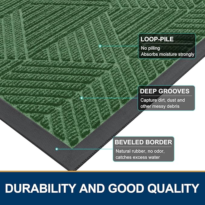 Smiry Front Door Mat Outside Entrance, Heavy Duty Sturdy Natural Rubber Doormat, Trap Dirt and Moisture, Easy Clean Low Profile Mats for Indoor Outdoor Entry, Irregular Triangle (59x24, Green)