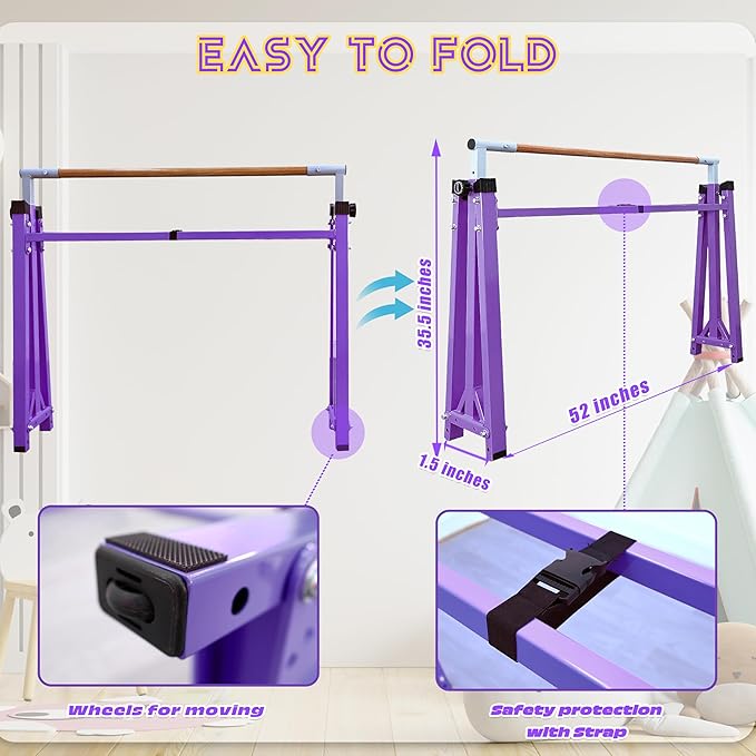 Foldable Gymnastic Bar for Kids Ages 3-20,5FT/6FT Horizontal Bar Base Length,Height Adjustable Kids Training Bar for Gymnastics,Gymnastics Equipment for Home Clubs