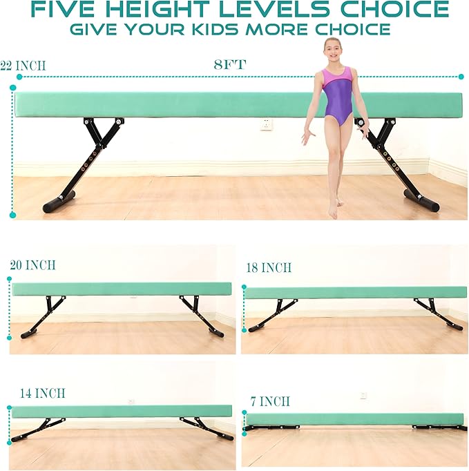 8 Ft Gymnastic Balance Beam with Adjustable Height From7 inch to 22 inch for Kids Children Home Practice, Adjustable Balance Beam with Leg, High and Low Floor Gymnatic Training Beam