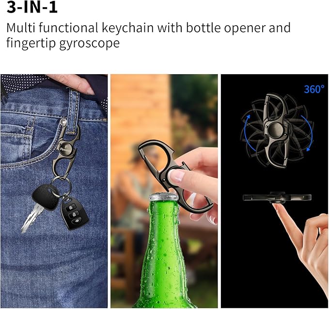 keychain Stress Relief Tool for Adults & Teens with Bottle Opener | Alloy Metal Focus Toy & Portable Key Ring | 3X Life Tungsten Spring & Professional Bearing Black 3-in-1