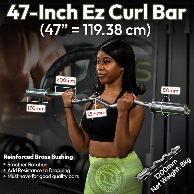 Rage Fitness EZ Curl Bar – 47 Inch, 2 inch | 17lbs Alloy Steel with Chrome Finish & Nylon Bushings EZ Bar with 400lbs Max Capacity – Home Gym Curling Bars for Weightlifting & Other Upper & Lower Body Movements