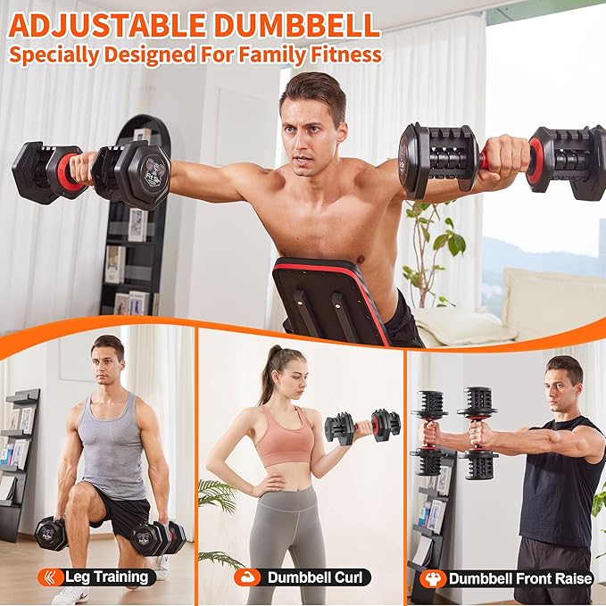 25/55LB Adjustable Dumbbell Set,10 in 1 Free Weights Dumbbell with Anti-Slip Texture Handle,1 Sec Speed Adjustment Men/Women Gym and Home Strength Training Equipment.