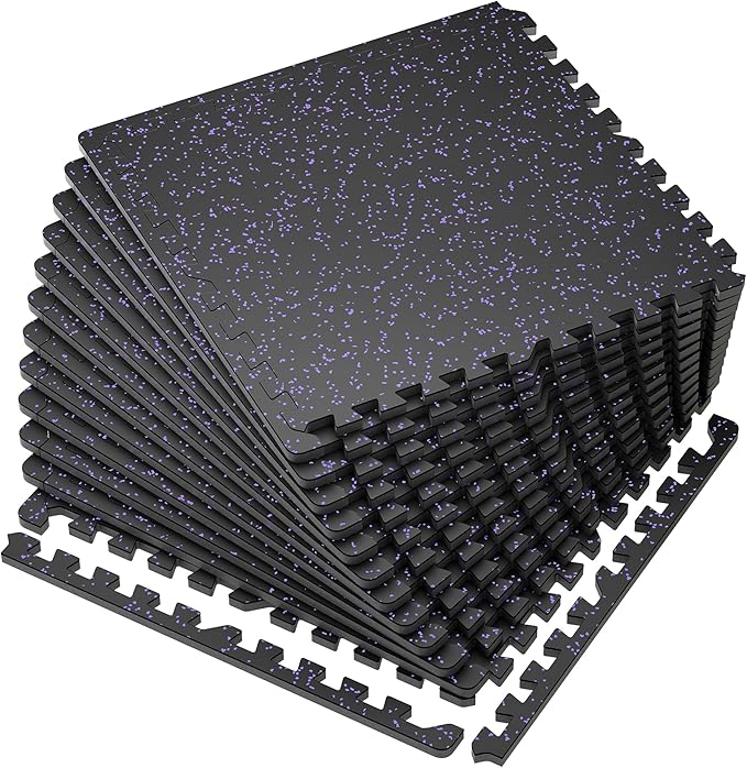SUPERJARE 0.56'' Thick 12 Pcs 48 Sq Ft Rubber Top Exercise Equipment Mats, High Density EVA Foam Mats with Rubber Top, Interlocking Gym Flooring for Home Gym, Protective Workout Mat, Black/Purple