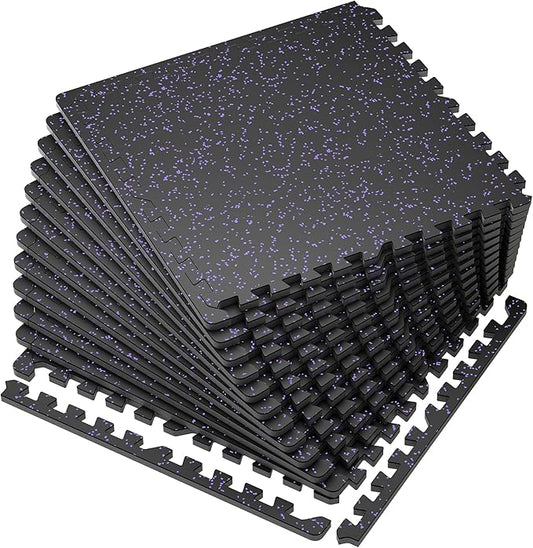 SUPERJARE 0.56'' Thick 12 Pcs 48 Sq Ft Rubber Top Exercise Equipment Mats, High Density EVA Foam Mats with Rubber Top, Interlocking Gym Flooring for Home Gym, Protective Workout Mat, Black/Purple