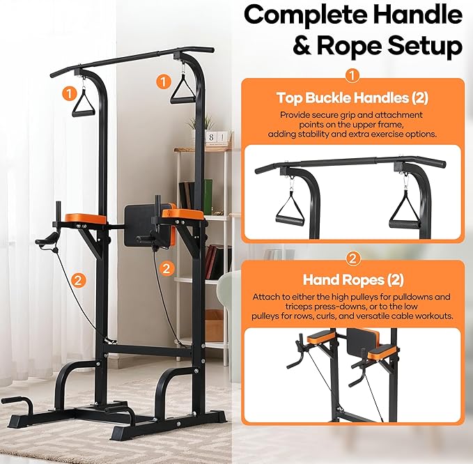 Power Tower Pull Up Bar,Pull Up Bar Station, 6-Level Adjustable Pull Up Dip Station for Home Gym, 450 Lbs Weight Capacity, Strength Training Fitness Workout Equipment with Power Elastic Ropes