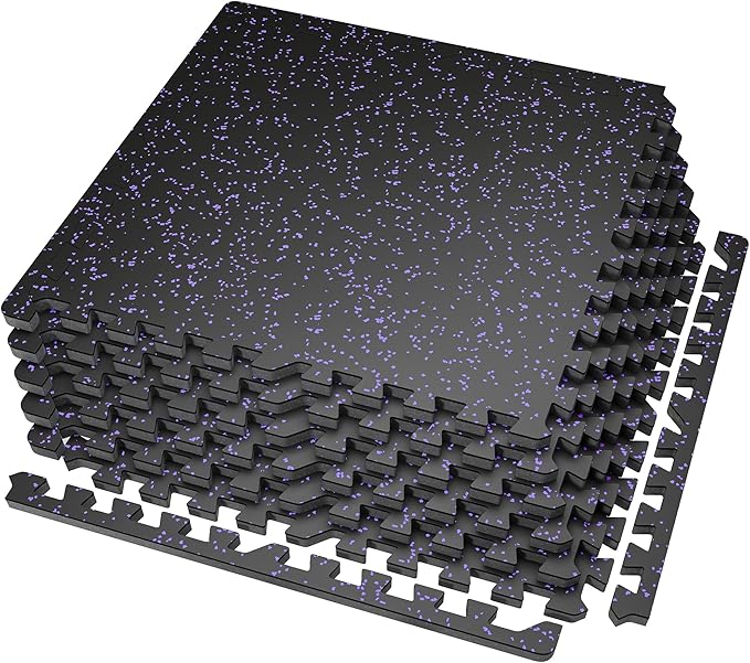 SUPERJARE 0.56'' Thick 6 Pcs 24 Sq Ft Rubber Top Exercise Equipment Mats, High Density EVA Foam Mats with Rubber Top, Interlocking Gym Flooring for Home Gym, Protective Workout Mat, Black/Purple