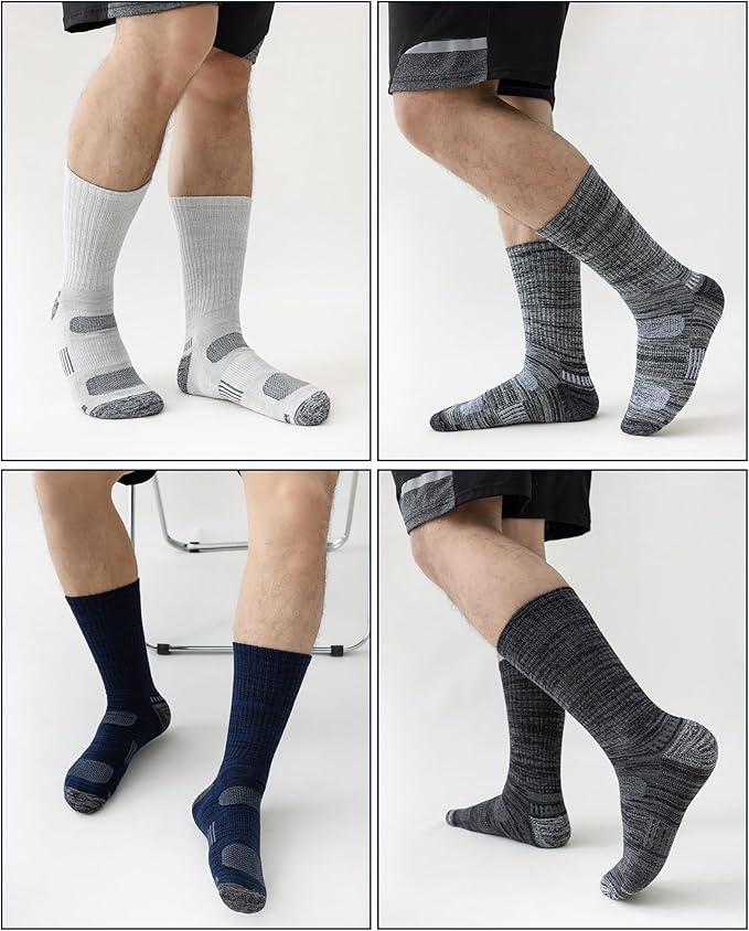 Mens Cotton Boot Crew Socks, 5 Pairs Full Cushion Socks Moisture-Wicking & Reinforced for Work Hiking Walking Outdoor