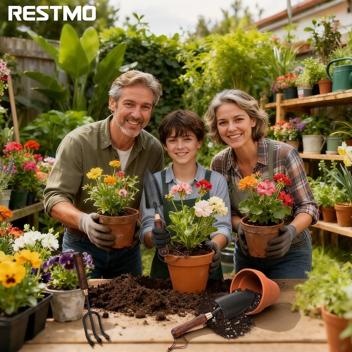 RESTMO 3-in-1 Heavy Duty Gardening Tools Kit, Premium Carbon Steel Garden Tools with Ergonomic Wooden Handle Includes Trowel, Transplanter, and Cultivator, Ideal Gardening Gifts for Women, Gardener