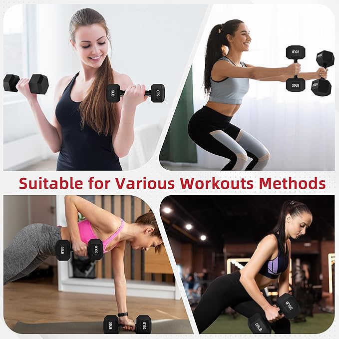 Rubber Encased Hex Weights Dumbbells Set of 5 – 50 lb Pair | Cast Iron Hand Weights with Anti-Slip Grip for Home Gym Strength Training
