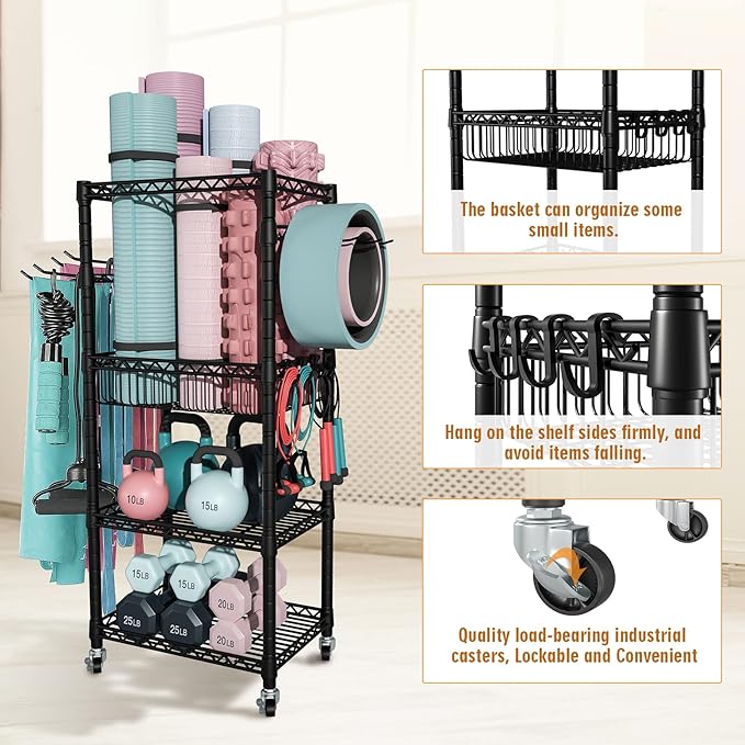 FUTASSI Home Gym Storage, 3 Tiers Workout Equipment Organizer with Wheels for Yoga Mats, Foam Roller, Dumbbells, Kettlebells, and Resistance Bands