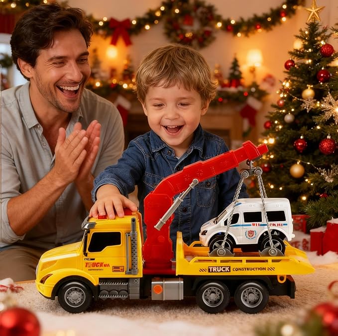 Toddler Boy Toys,Tow Truck Toy for 3 4 5 6 7 Year Old Boys,Friction‑Powered Rescue Tow Truck with Lights and Sounds,Birthday Gifts for Boys & Girls