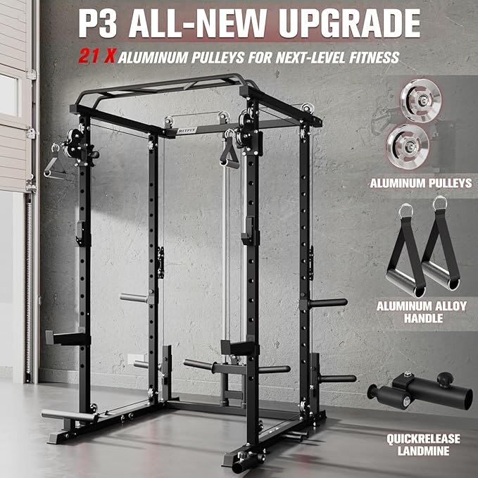 RitFit Upgraded PPC-P3 Power Cage, 3-in-1 Home Gym with Aluminum Pulley System, 1200LBS Capacity, Includes LAT Pulldown, Landmine, J-Hooks & 20+ Attachments, Fits Compact Spaces Black Red