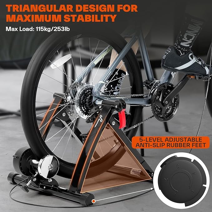 Sportneer Bike Trainer - Magnetic Stationary Bike Stand for 26-28" & 700C Wheels - Adjustable 6 Level Resistance Bike Trainer Stand for Indoor Riding with Quick Release Lever & Front Wheel Riser Block