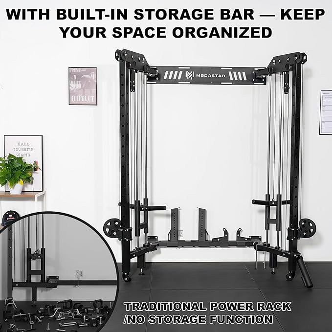 Folding Power Rack, Wall Mounted Squat Rack with Cable Pulley System, Multi-Grip Pull-Up Bar, Landmine for Home Gym, Compact Power for Small Spaces, FR67