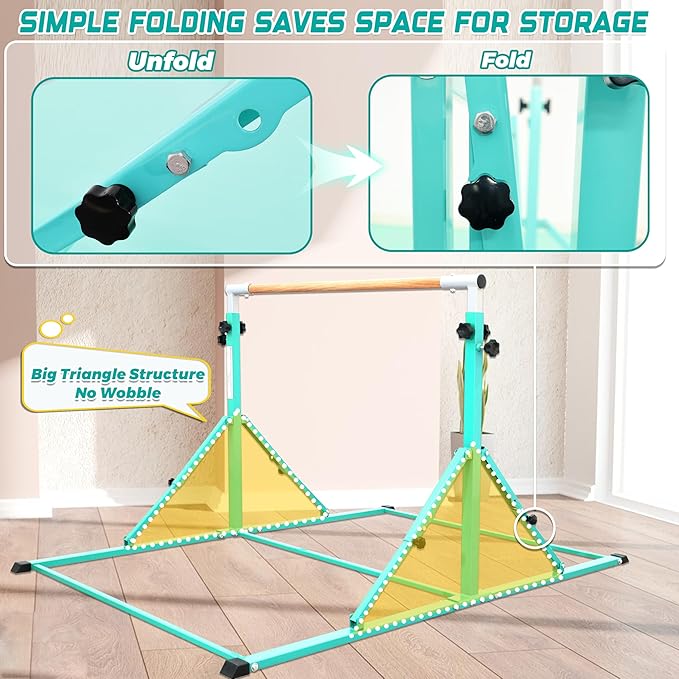 PreGymnastic Foldable Gymnastics Bar, 5.6FT Folding Horizontal Bars for Kids Ages 3-12, Weight Limit 350 LBS, Adjustable kip Bar, Children Home Gym Equipment Indoor