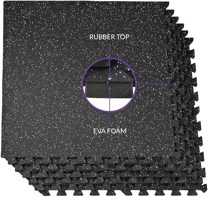 Xspec 1/2" Thick 48 sq ft (12 Tiles) Interlocking Rubber Top EVA Foam Exercise Mat | Home Gym Mats Workout Flooring Tiles for Gyms, Fitness Rooms | Durable Grip Protective Flooring, Black/Grey