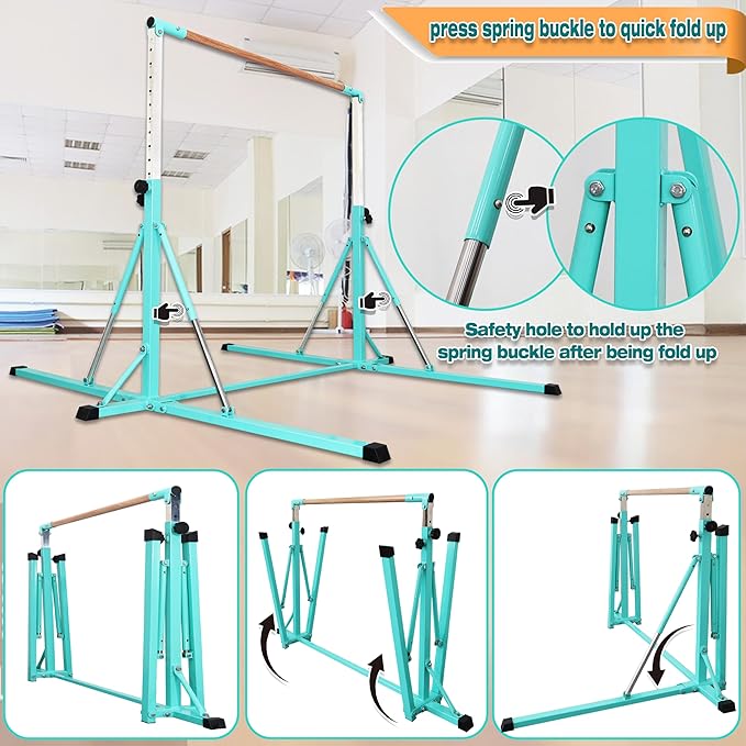 Gymnastics Bar for Kids Ages 3-15, 35" to 60" Adjustable Height, 4FT Wide Base - Professional Kip Bar with 360° Stability & Fiberglass Crossbar, Easy Fold&Solid Design for Home Training