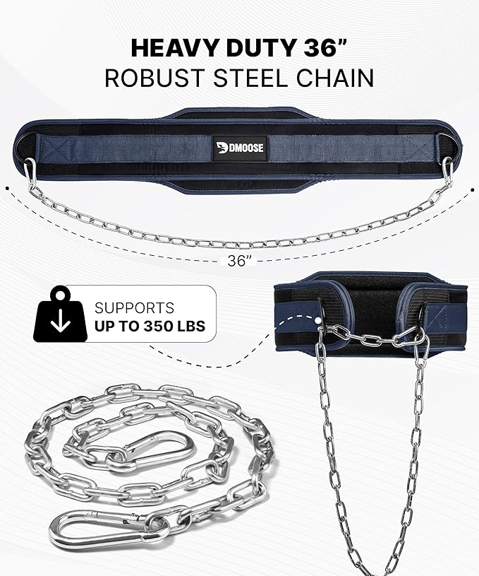 DMoose Fitness Dip Belt for Weight Lifting, Pullup, Squats & Dips - 36" Robust Steel Chain, Comfortable Neoprene Padding Supports 350lbs - Gym Weight Belt for Strength Training Workout & Weightlifting