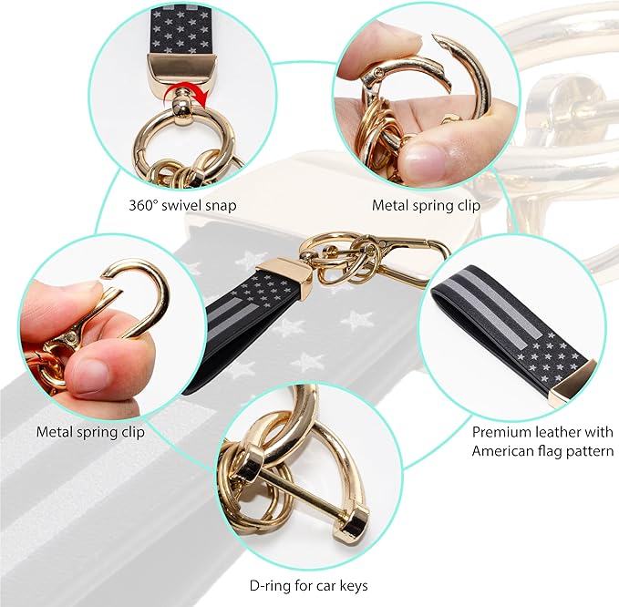 Car Key Chain, Leather Cars Keychains for Men, American Usa Flag Key Chains with Anti-Lost D-Ring Men Car Accessories