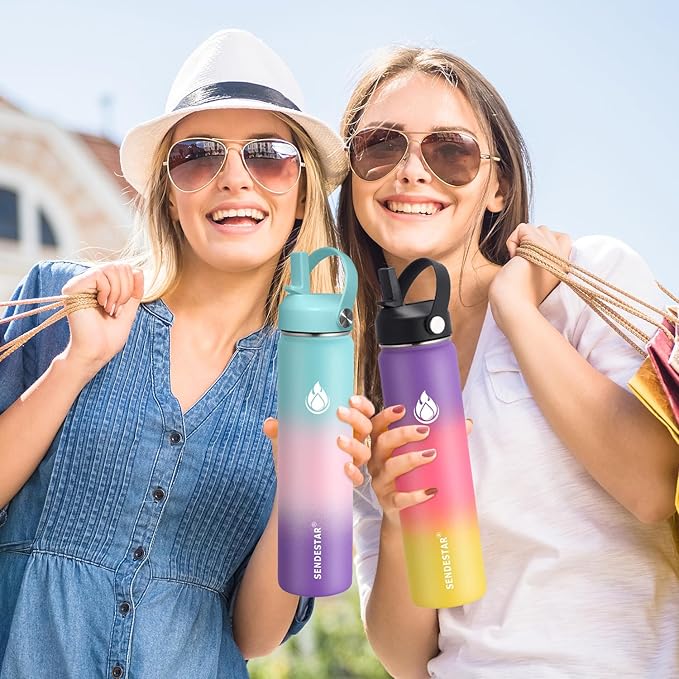 SENDESTAR Water Bottle 40oz Double Wall Vacuum Insulated Leak Proof Stainless Steel Sports Water Bottle—Wide Mouth with New Flex Straw Lid & Spout Lid (Day&Night)