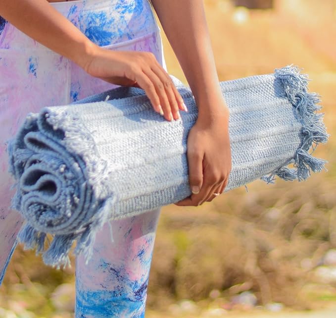Indian Handmade100 % Organic Anti Skid Multi Colour Cotton Yoga Mat - Eco-Friendly Hand-Woven Rug - Non-Slip & Thick (24”x72”x5mm) for Hot yoga & Everyday Fitness at Home - Comfortable & Foldable Extra-Long Mat
