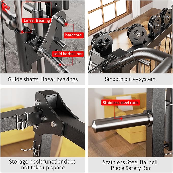 Smith Machine, Multi-Purpose Strength Power Cage with Cable Crossover System and More Training Accessories,Squat Rack Power Rack，Suitable for Home Gyms