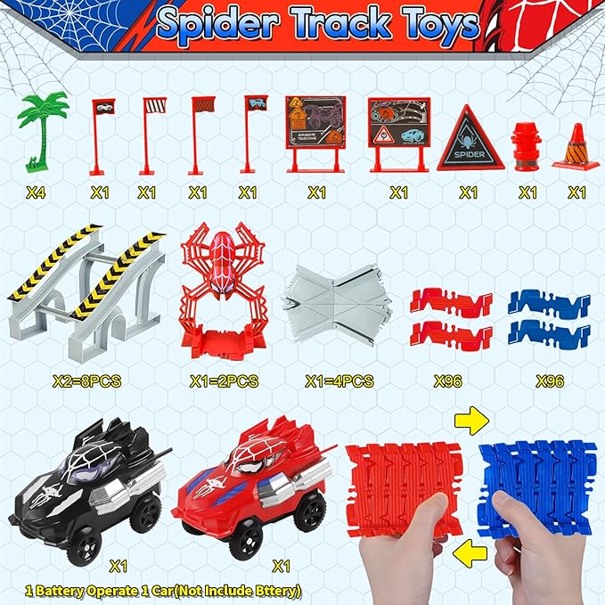 Spider Toys for Boys 4-6, 212 PCS Race Car Track for Kids Ages 4-8, Monster Truck 2+ Year Old Birthday Gift Toddler Cars Toy for 3+ Year Old Boy Girl
