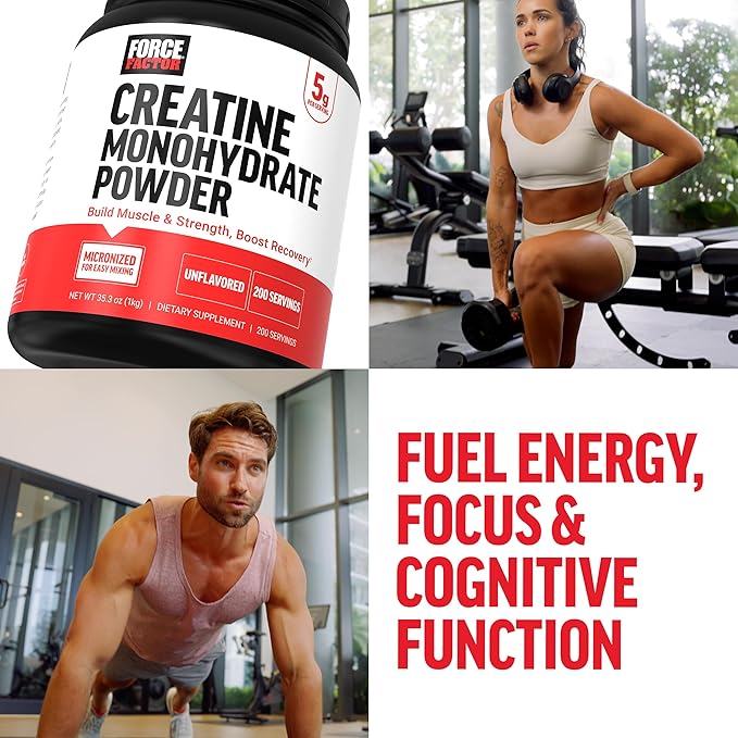 Force Factor Creatine Monohydrate Powder, 5g Micronized Dose to Support Muscle Growth, Strength, Recovery, Cognitive Health & Memory, Unflavored, 200 Servings