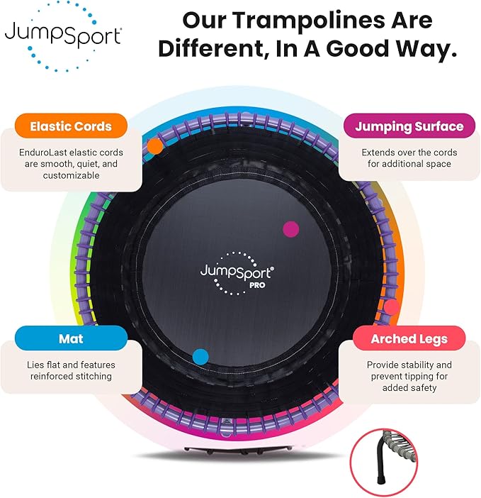 JumpSport 350 PRO Fitness Trampoline, Cardio Workout, No-Tip Arched Legs Home Gym Equipment, Adjustable Bungees & 60 Day Trial Video