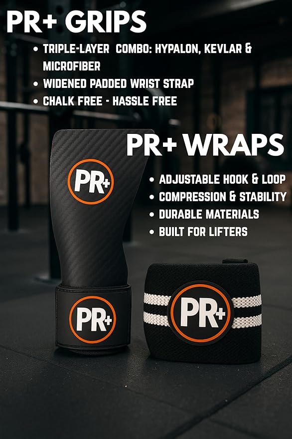 Set of PR+ Gymnastics Hand Grips + 18" Lifting Wrist Wraps for Pull Ups, Weightlifting, WODs & Cross Training – No Hole, Chalk-Free Gloves, Triple Layer Hand Protection & Wrist Support - Great Gift