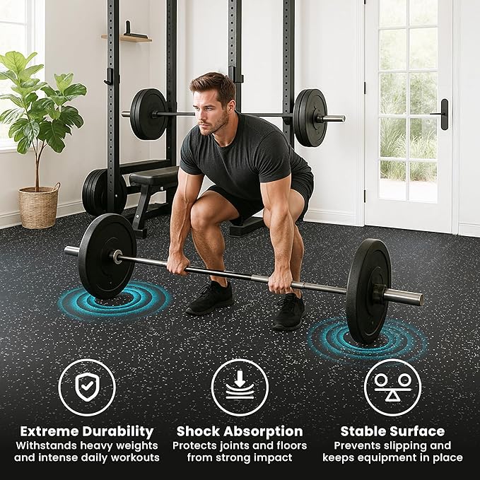bemaxx Gym Mats Set - 18 pcs Rubber Top + EVA Interlocking Foam Floor Tiles (12.6"x12.6"x0.4") 18sqft Protective Gym Flooring Sports Home Workout Exercise Mat Puzzle Fitness Garage Play Pool Treadmill