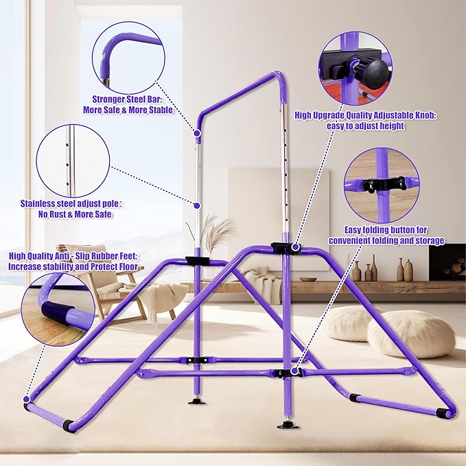 MARFULA Foldable Gymnastic Bar for Kids Ages 3-12, 9 Height Levels, 200 lbs Weight Capacity, 5 Ft Length Gymnastic Kip Bar with Mat, Gymnastic Equipment for Home and Gym Center Indoor Outdoor Use