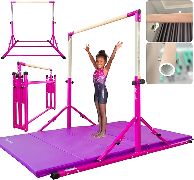 PreGymnastic Foldable Gymnastics Bar, 6FT Horizontal Bars, Folding Training Bar for Kids Ages 3-18, Weight Limit 500 LB, Adjustable kip Bar,Home Gym Equipment Indoor