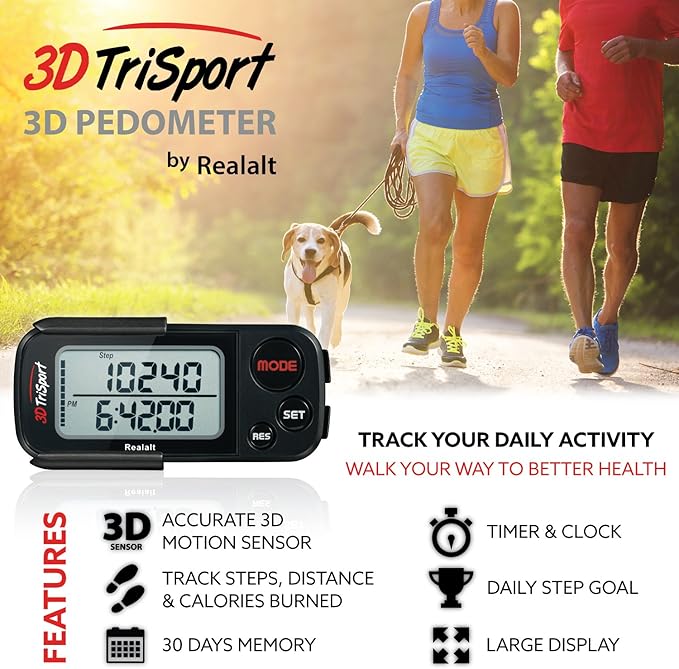 Realalt 3DTriSport Walking 3D Pedometer with Clip & Strap, eBook Included 30 Days Memory Accurate Step Counter, Walking Distance Miles/Km, Calorie Counter, Daily Exercise Time Monitor